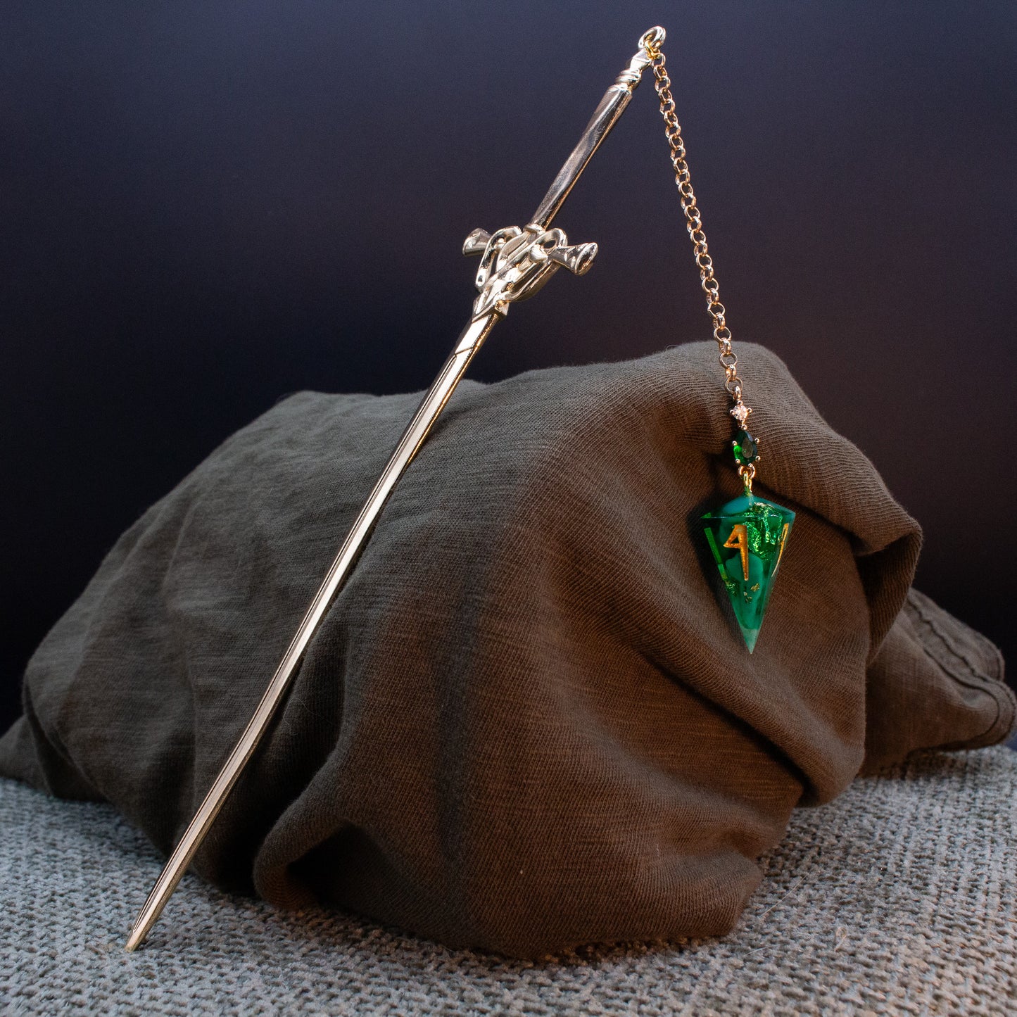 Dice Hair Sword - Gold Sword with a Funky Green D4