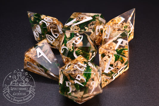 CURRENTLY BEING REPAINTED: Golden Rot Pointy Polyhedral Dice set