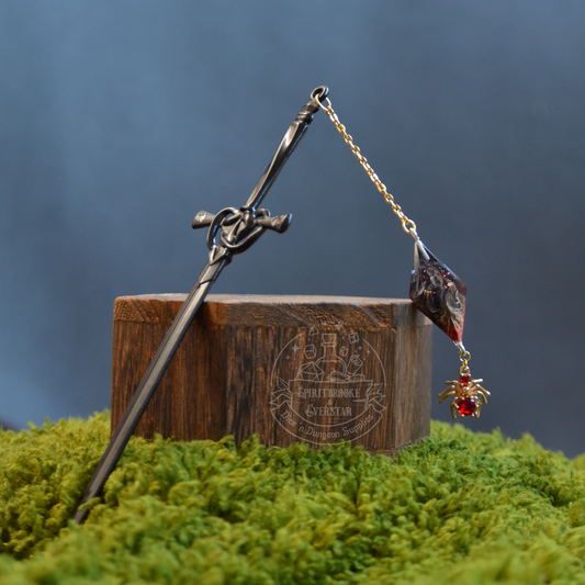 Dice Hair Sword - Black Sword with a black/red D10 die and golden red spider