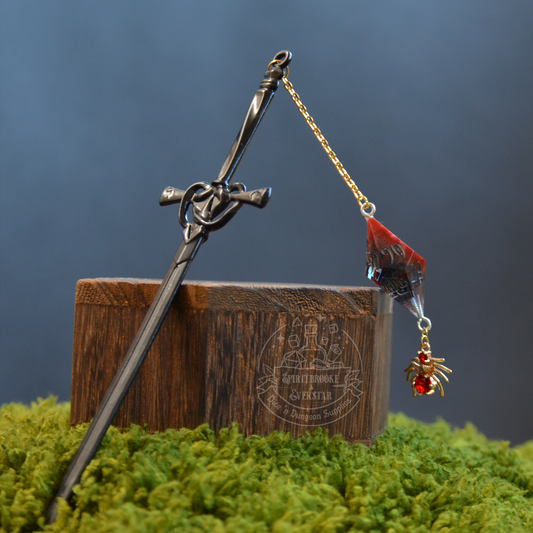Dice Hair Sword - Black Sword with a black/red D100 die and golden red spider