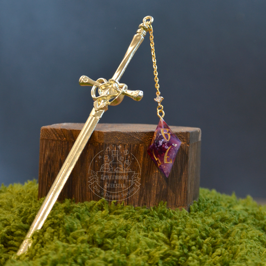 Dice Hair Sword - Golden Sword with a purple red D8 die