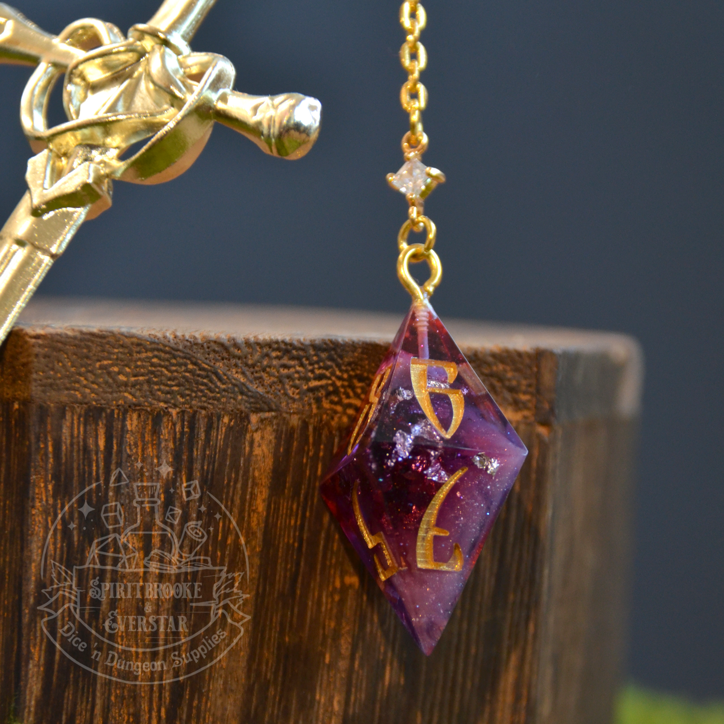 Dice Hair Sword - Golden Sword with a purple red D8 die