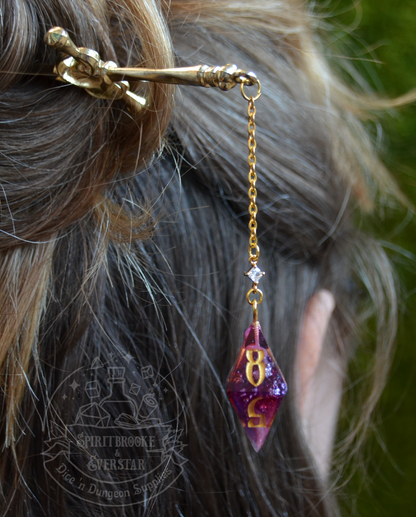 Dice Hair Sword - Golden Sword with a purple red D8 die