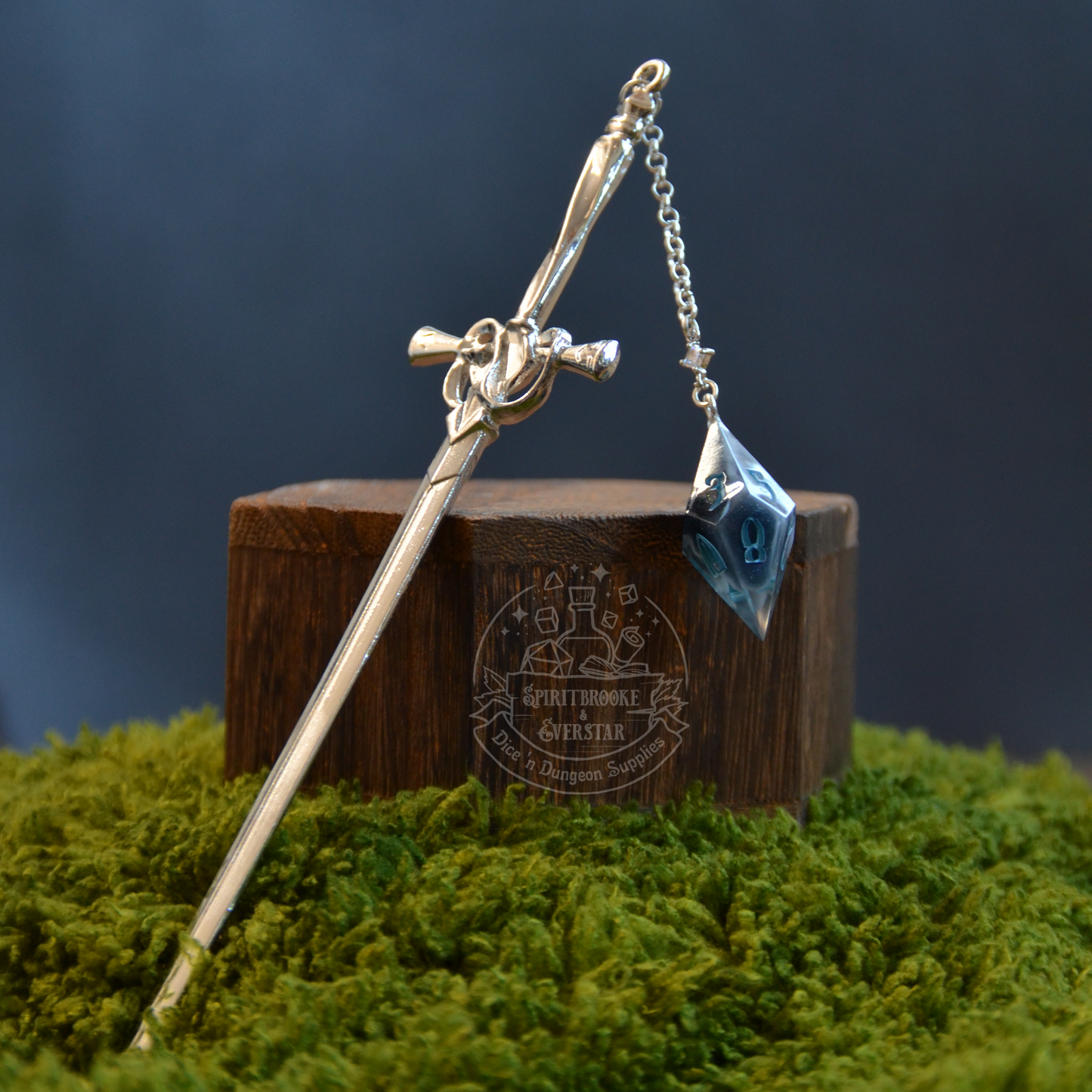 Dice Hair Sword - Silver Sword with a black and white D10 die