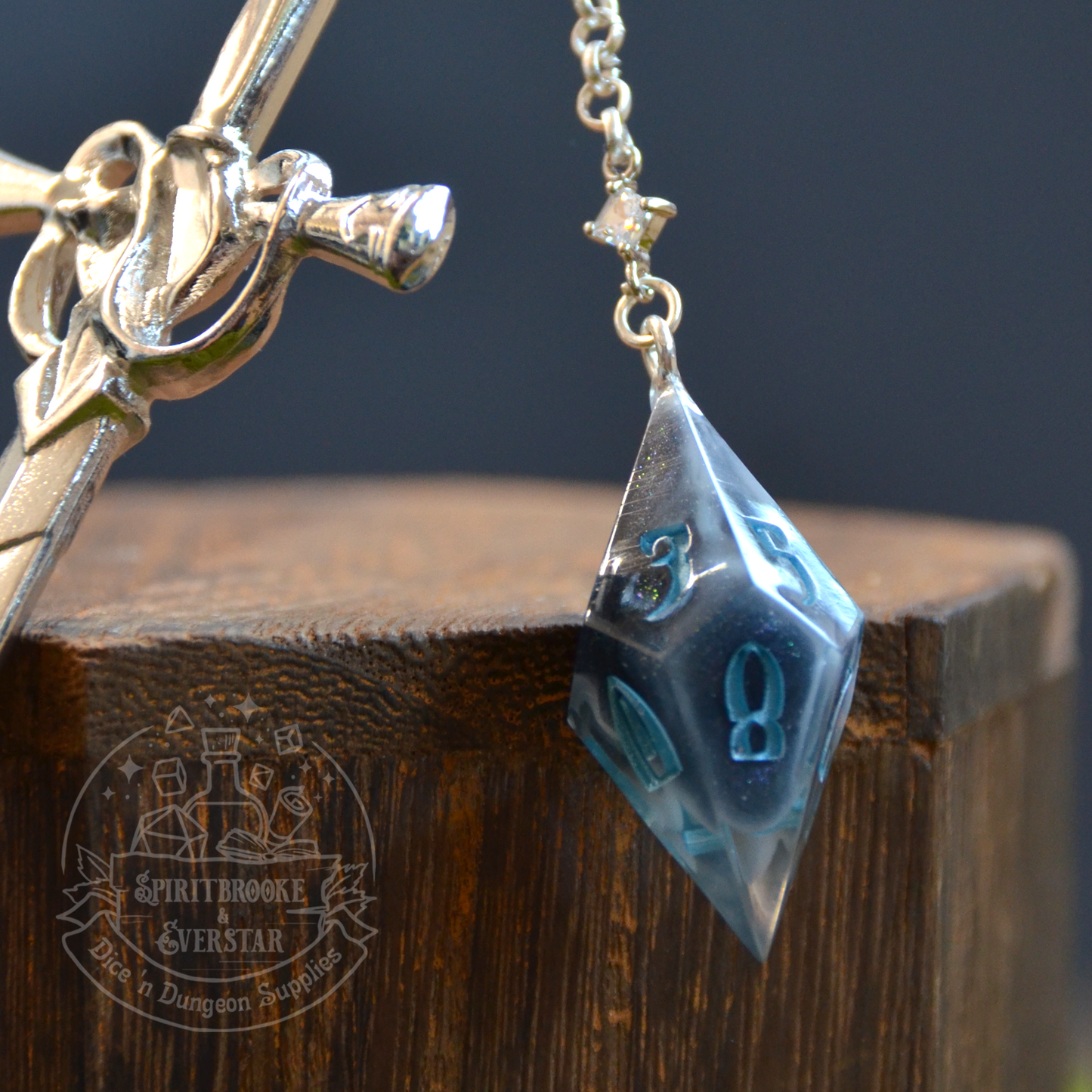 Dice Hair Sword - Silver Sword with a black and white D10 die