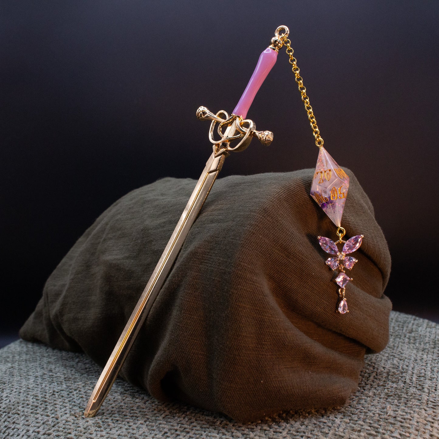 Dice Hair Sword - Gold & Purple Sword with a Shadow Meadow D100 and Butterfly Charm