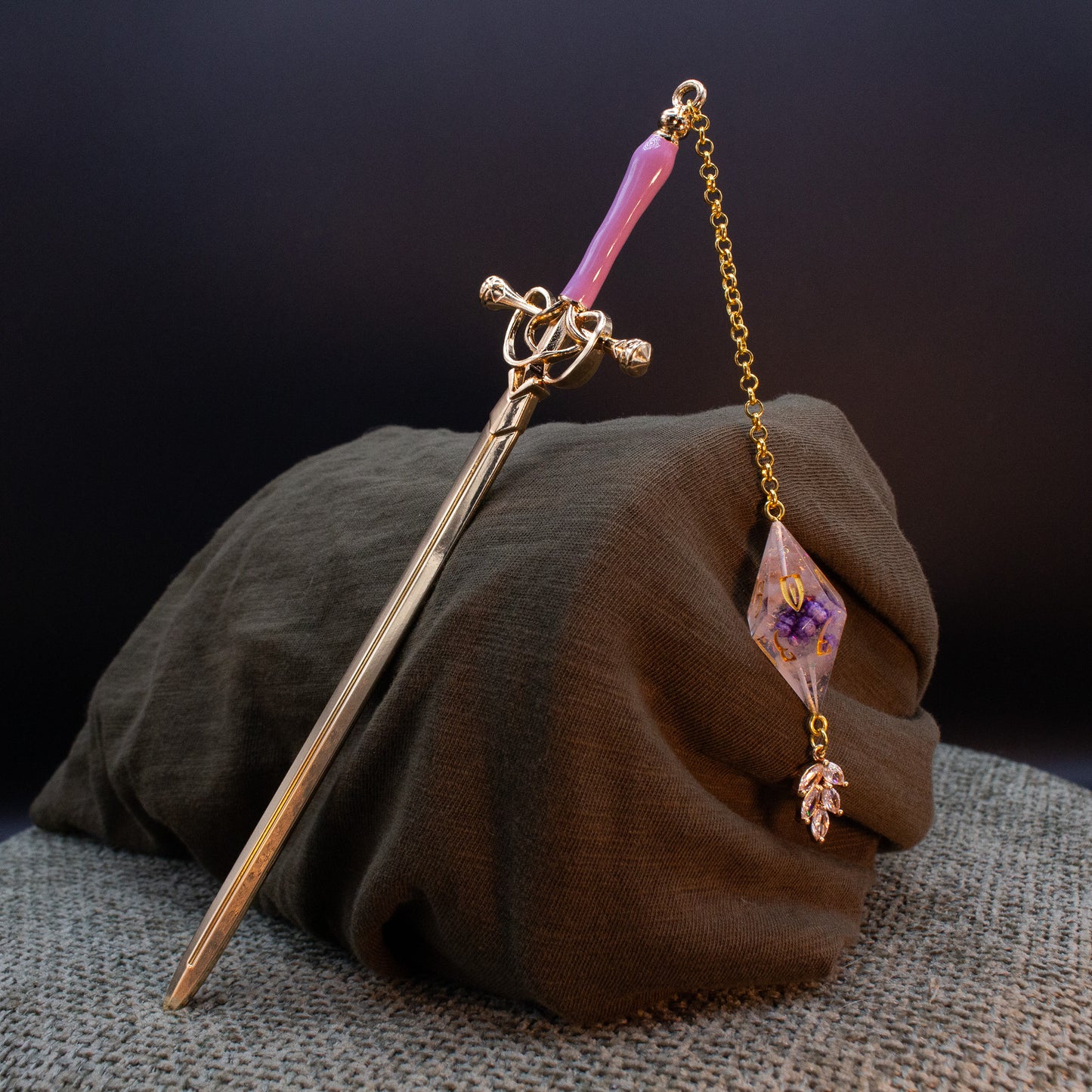 Dice Hair Sword - Gold & Purple Sword with a Shadow Meadow D10 and Leaf Charm