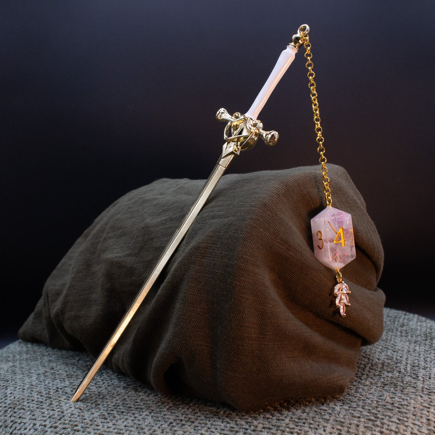 Dice Hair Sword - Gold & White Sword with a Flower Tea D4 and Leaf Charm
