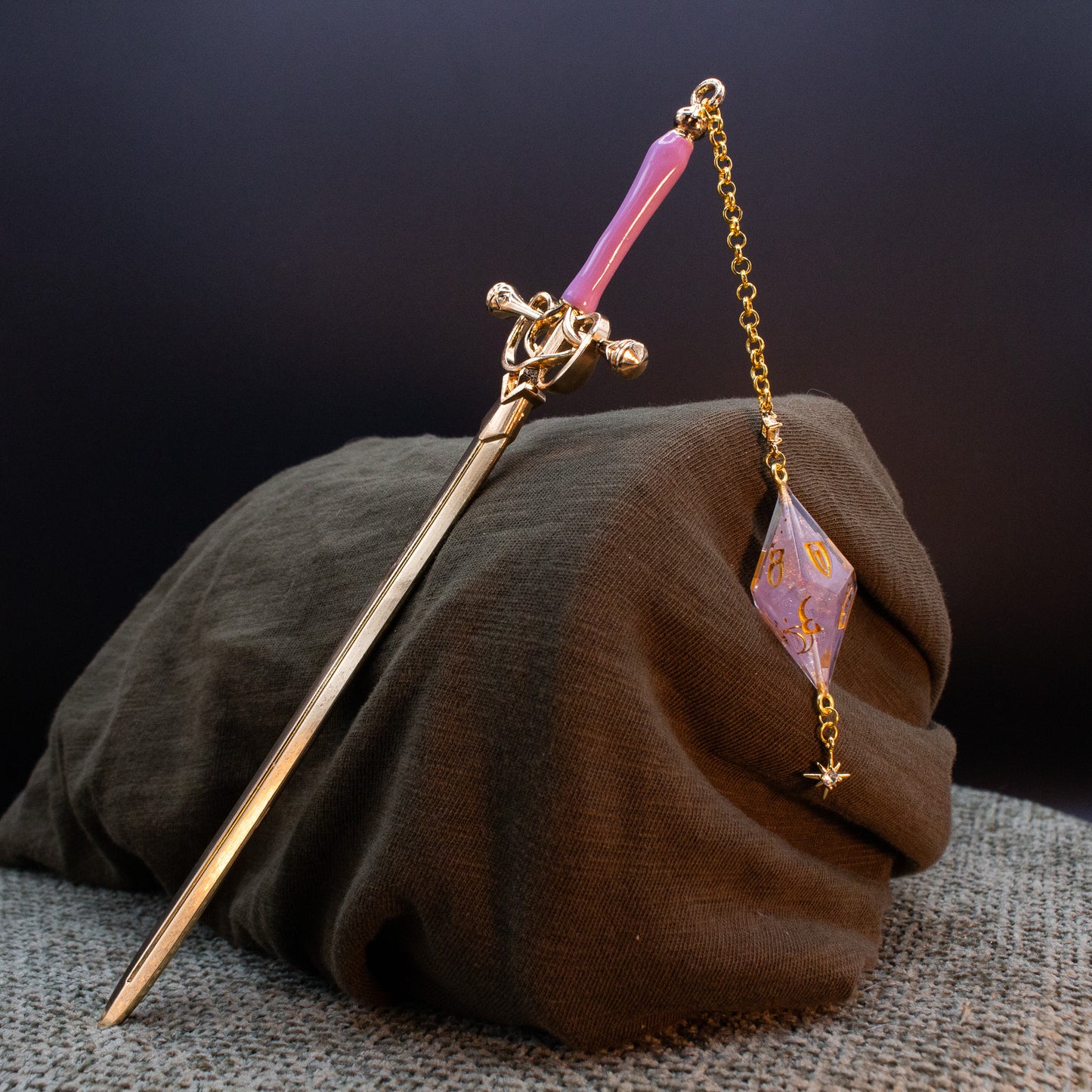 Dice Hair Sword - Gold & Purple Sword with a Purple Galaxy D10 and Star Charm