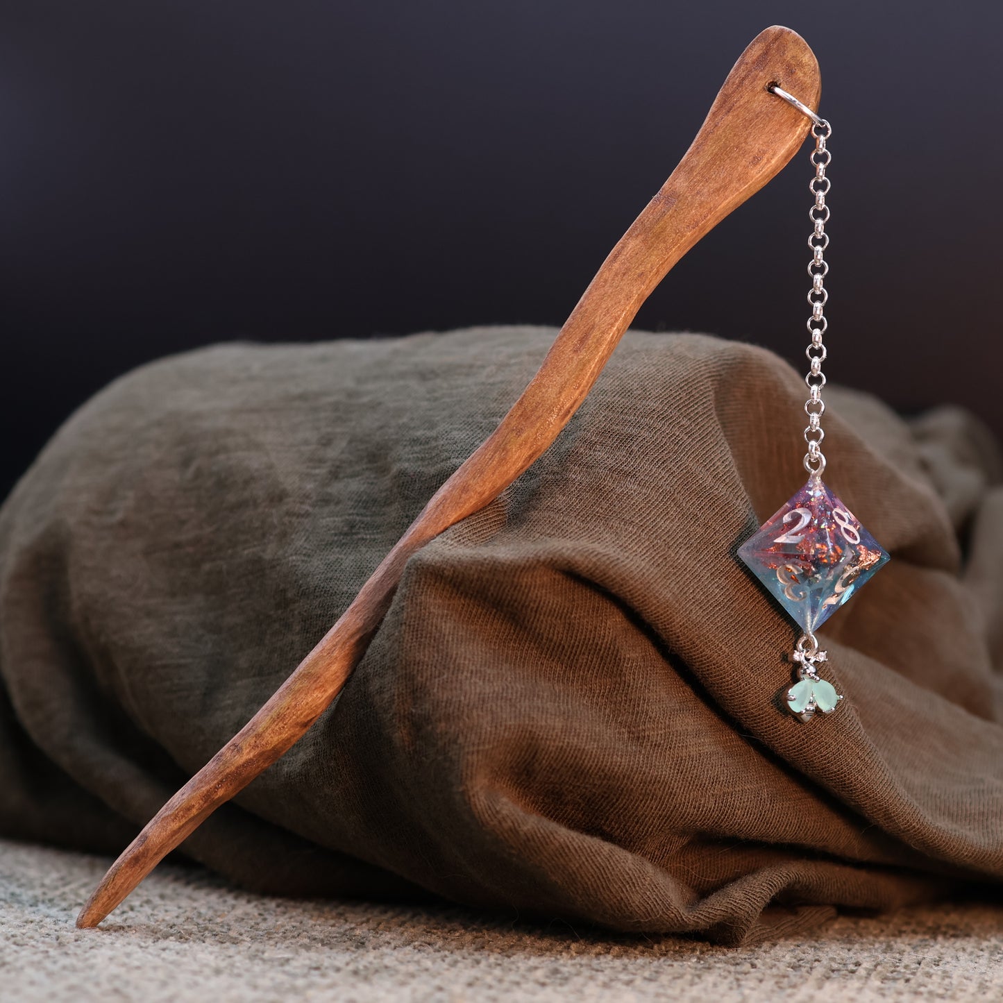 Dice Hair Stick - Wooden Stick with a Twilight Vanguard D8 and Bug Charm