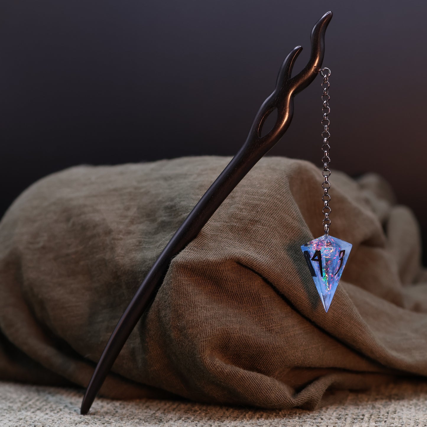 Dice Hair Stick - Black Wooden Stick with a Electric Blue D4