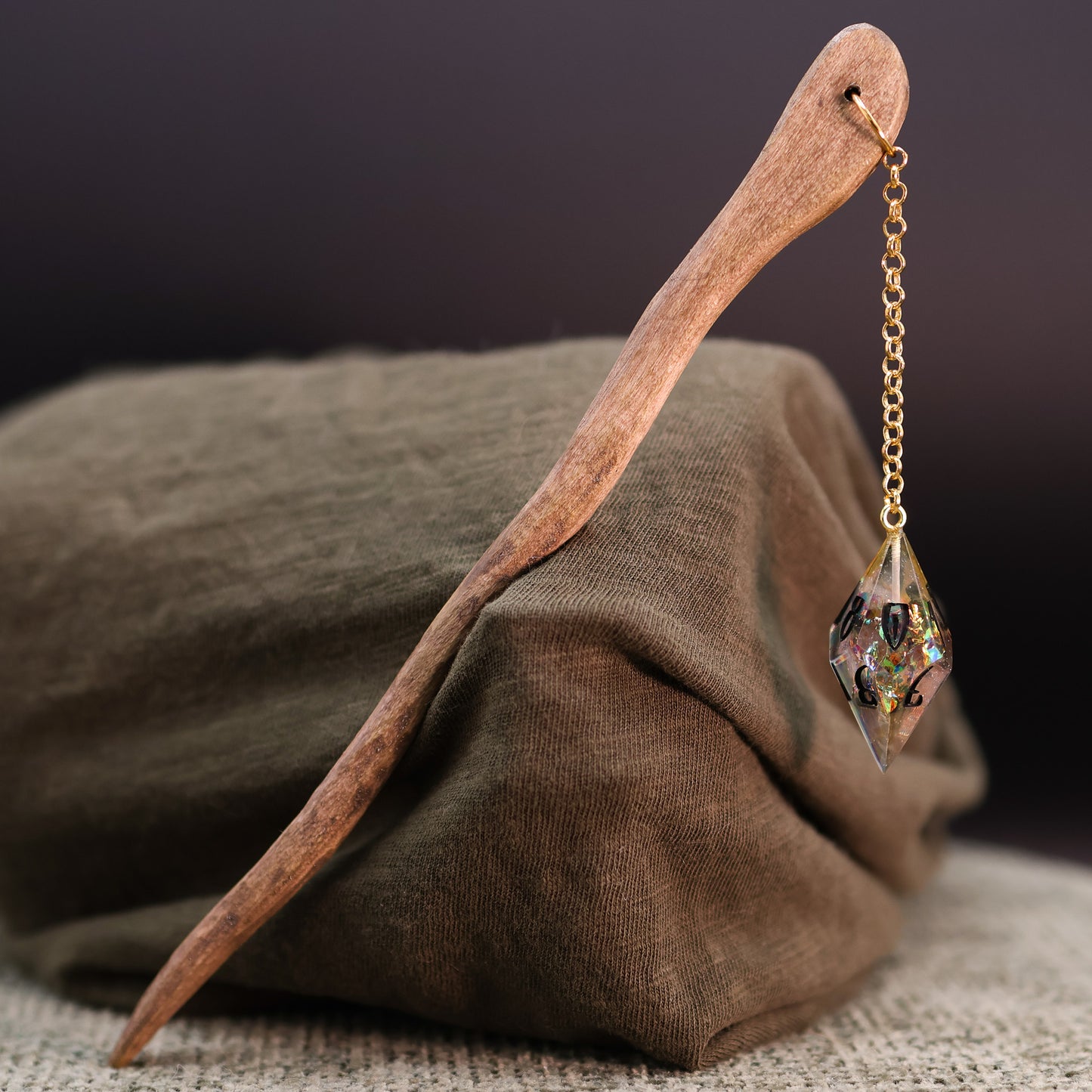 Dice Hair Stick - Wooden Stick with a Electric Golden D10