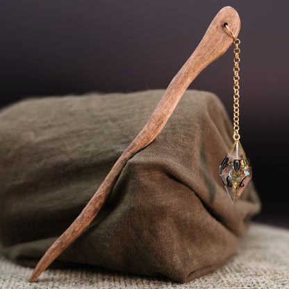 Dice Hair Stick - Wooden Stick with a Electric Golden D10