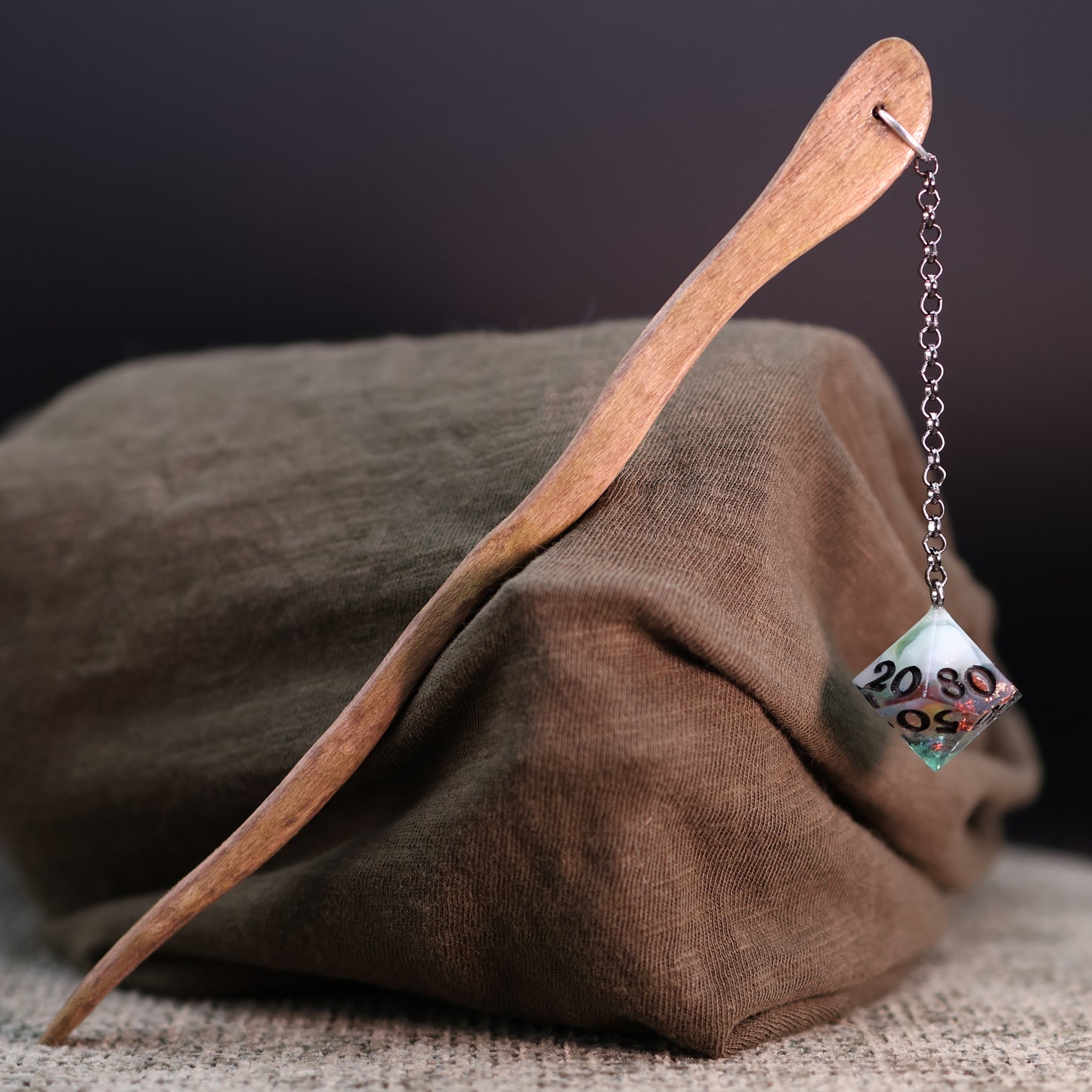 Dice Hair Stick - Wooden Stick with a Funky Rainbow Teal D100