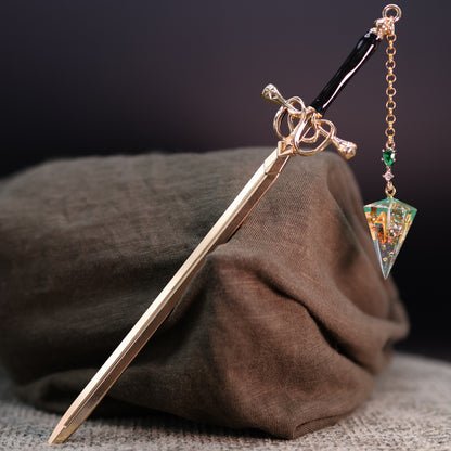 Dice Hair Sword - Gold & Black Sword with a Earthy Green D4