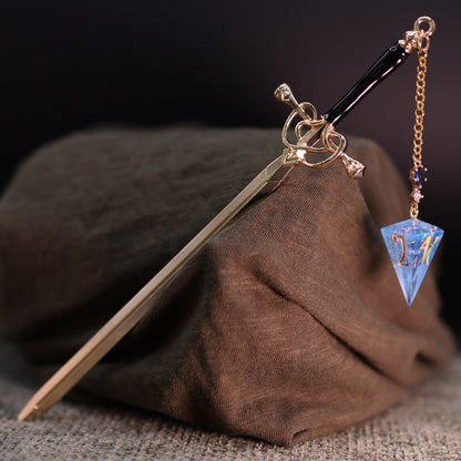 Dice Hair Sword - Gold & Black Sword with a Electric Blue D4