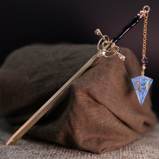 Dice Hair Sword - Gold & Black Sword with a Electric Blue D4