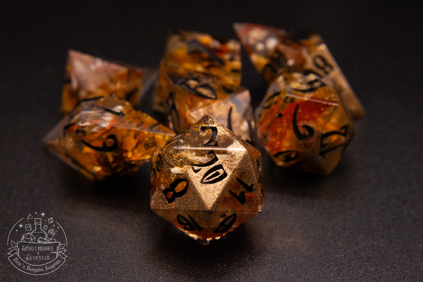 Pumpkin Spice Pointy Polyhedral Dice set