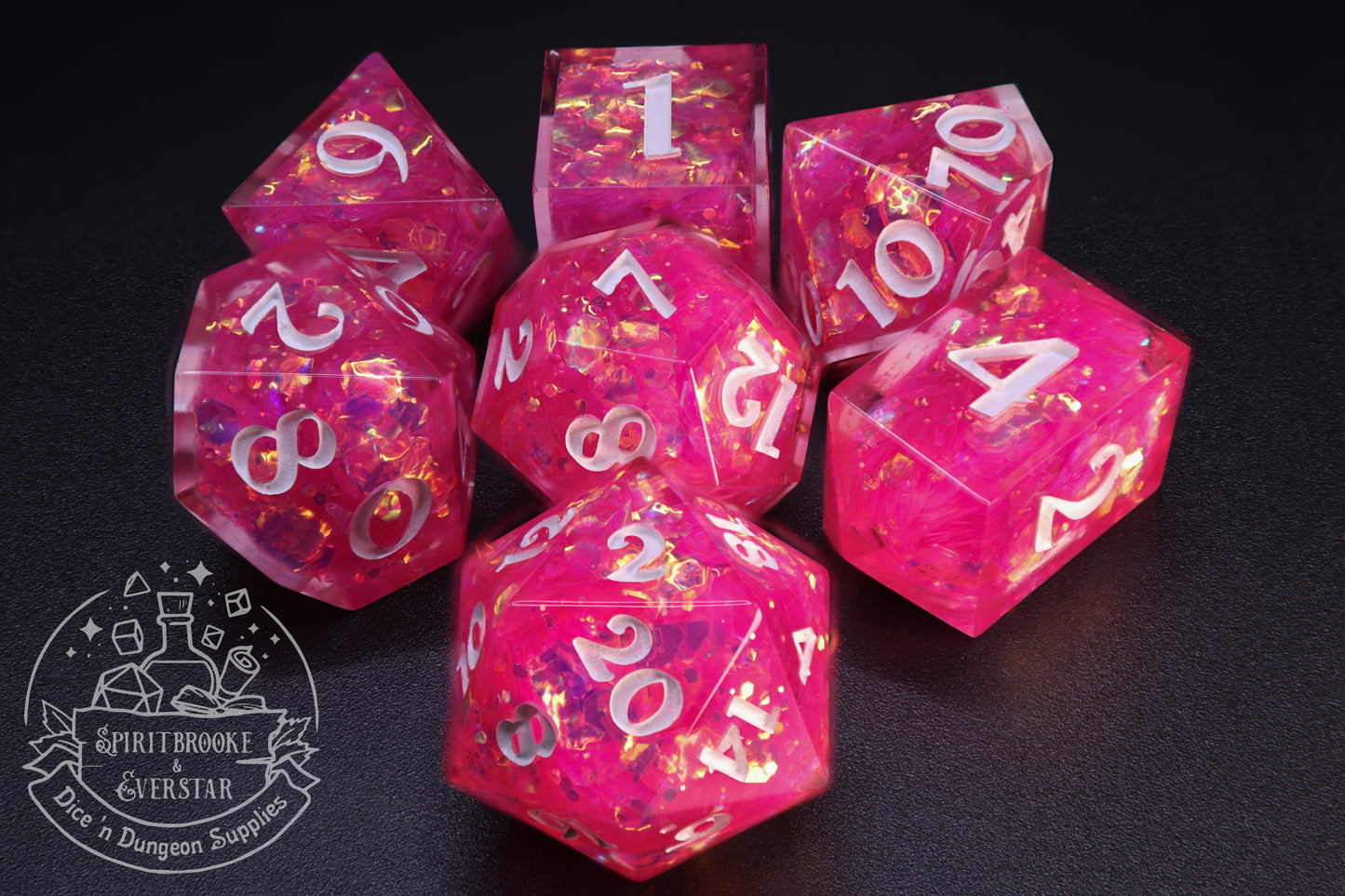 Pink Glitter Explosion Polyhedral Dice Set