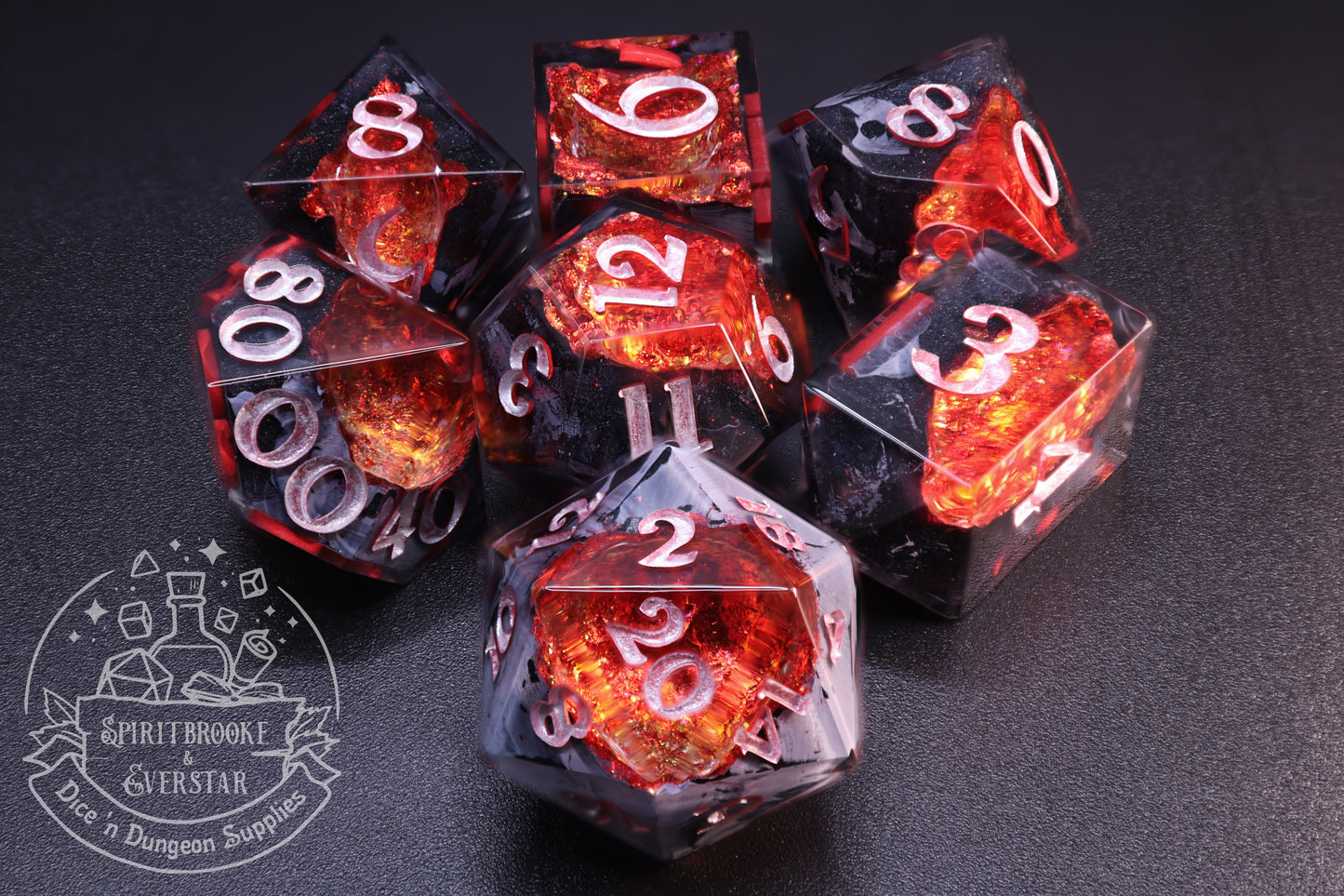 Spicy Red Polyhedral Geode Dice With Pearl Numbers